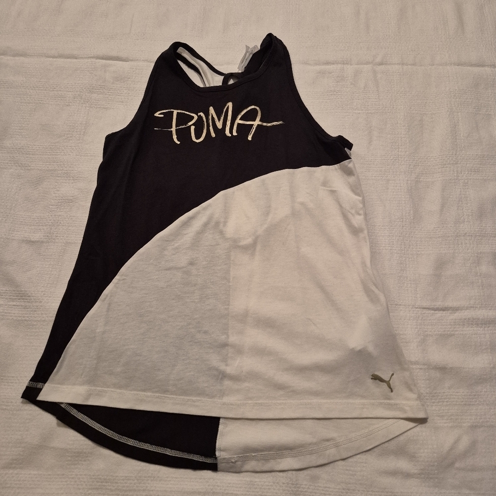 Puma women's XS black & white color block tank top gold logo design VGUC